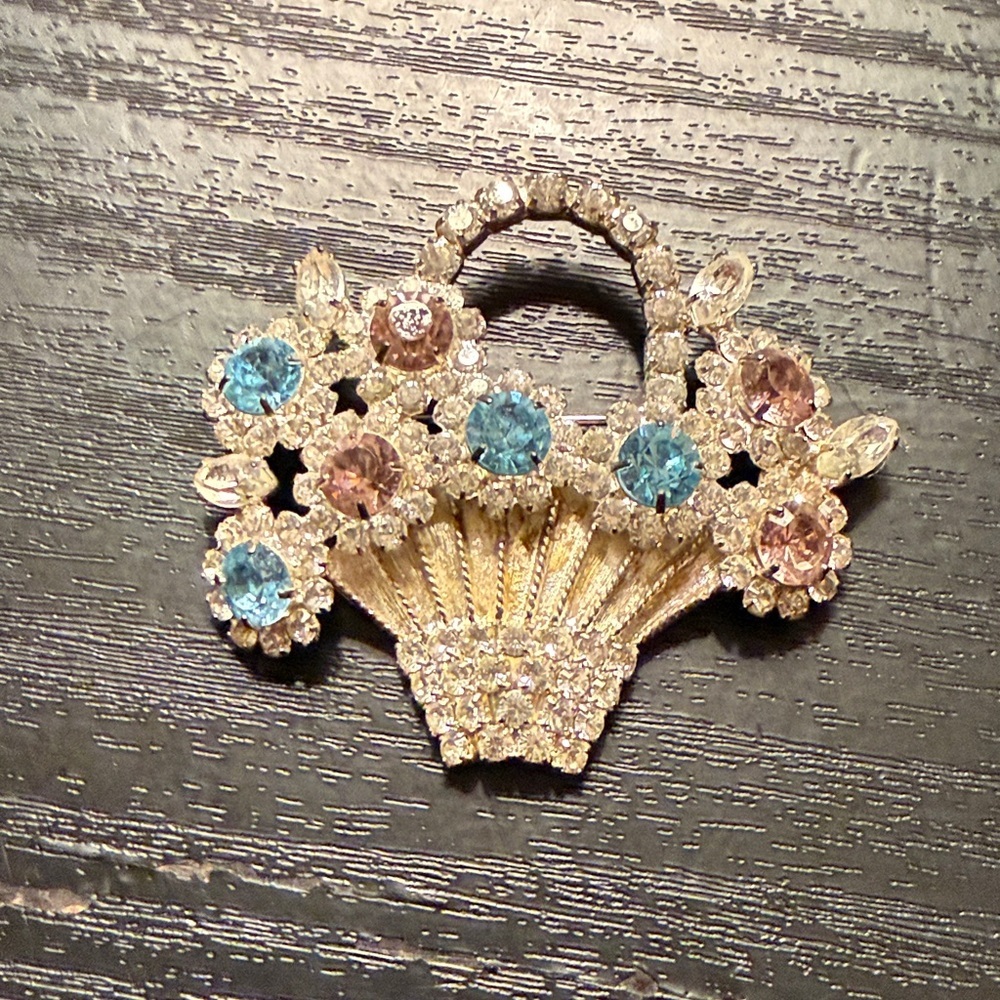 Elegant Crystal Flower Basket Brooch